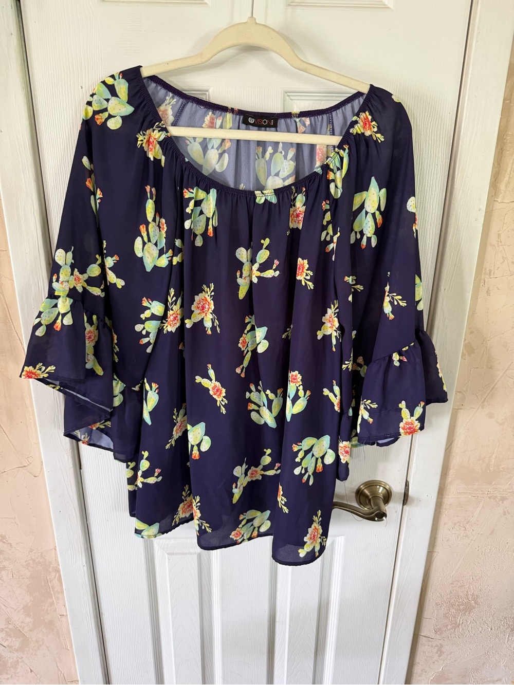 Floral Navy Off-Shoulder Peasant Blouse with Ruffle Sleeves